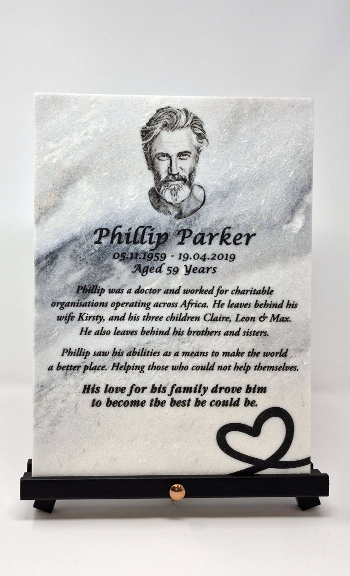 Personalised Engraved White Marble Plaque with Engraved Portrait