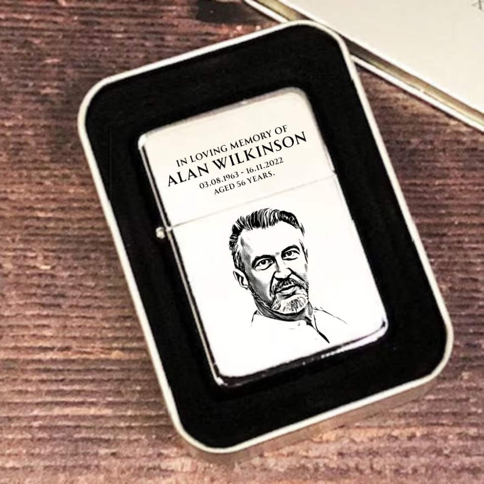 Portrait Engraved Memorial Brushed Silver Chrome Petrol Lighter